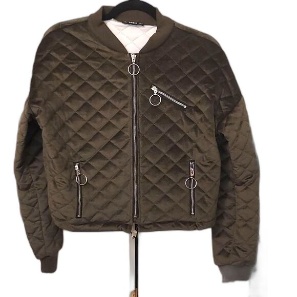 Bomber jacket velvet quilted olive green zippered front - Picture 1 of 10